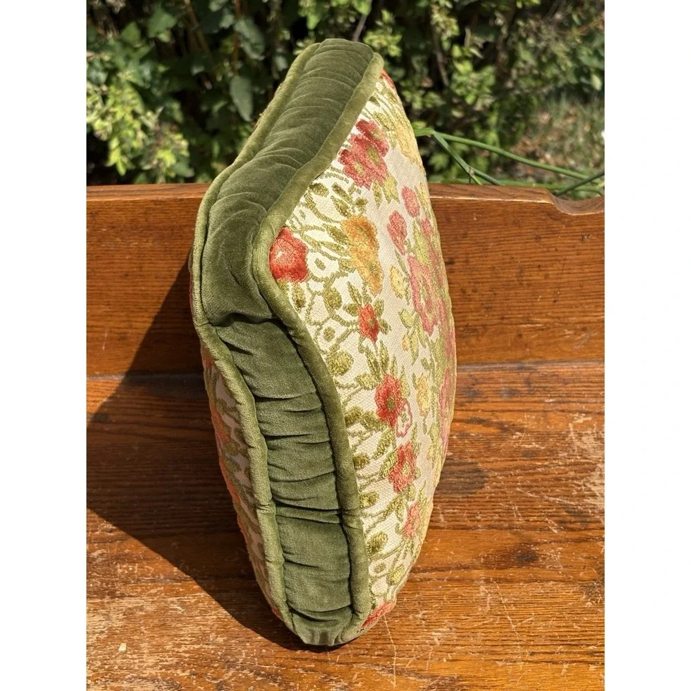 Vtg Chenille Floral Throw Pillow Green Gold Red Velvet Back Cording 12